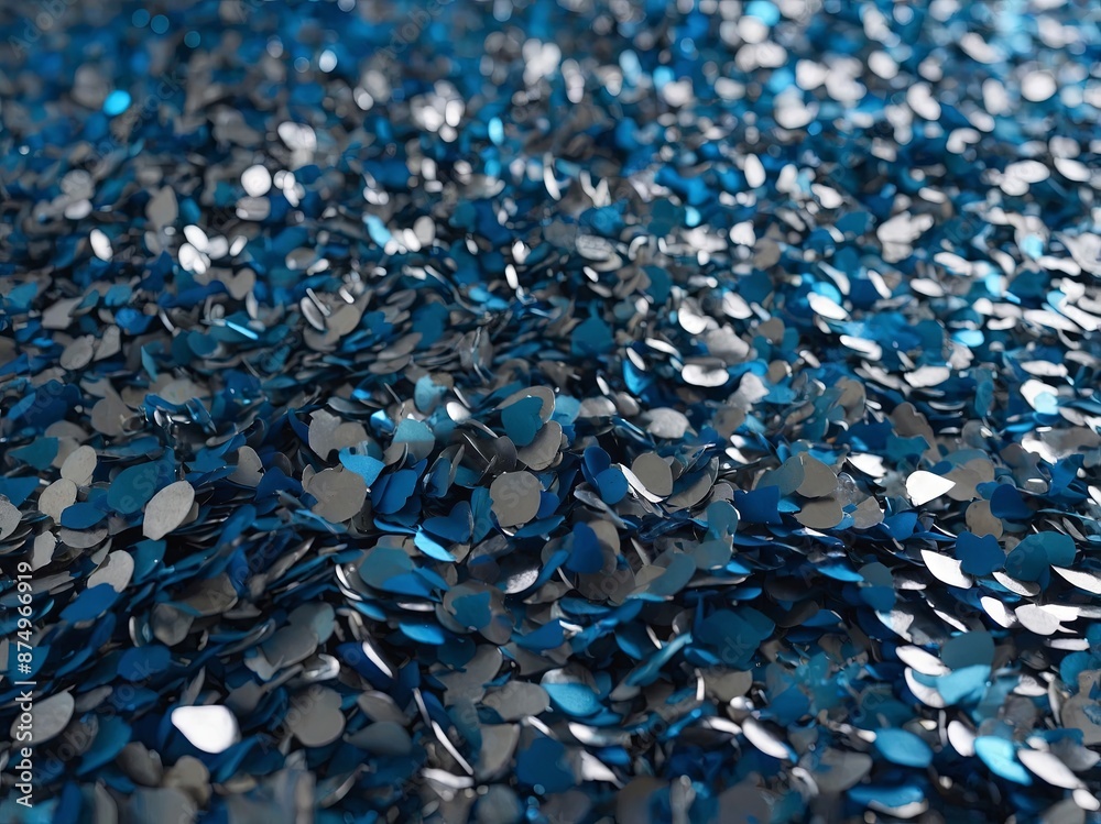Fototapeta premium Abstract blue background with silver confetti close up.