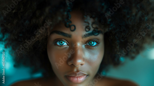 Woman with afro under dreamy, patterned blue lighting.