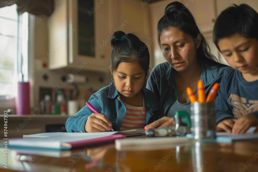 Hispanic mother helping her children with homework at the kitchen table. 