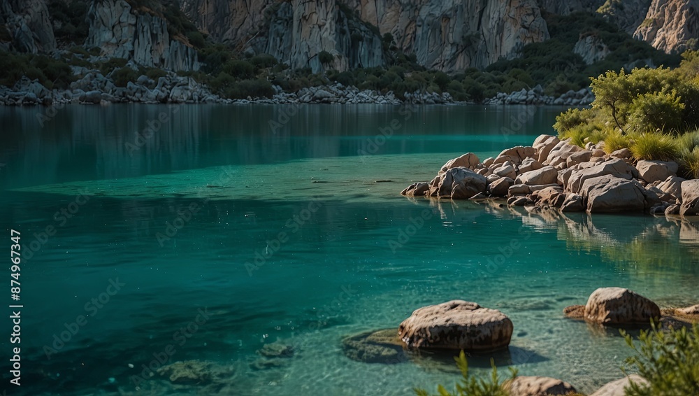 A tranquil teal-colored lagoon nestled among towering cliffs, its peaceful waters reflecting the beauty of the surroundings.