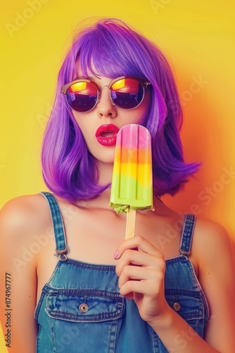 Young woman with purple hair and sunglasses holding a colorful popsicle isolated on a yellow background, summer concept.