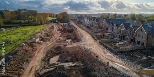 A new housing development is being built on greenbelt land in the UK. Shot from above by a drone 