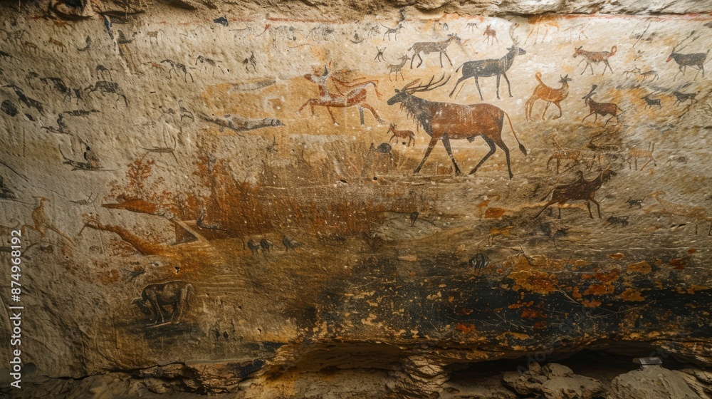 Obraz premium Cave paintings adorning the walls, depicting scenes of hunting, rituals, and animals, offering a glimpse into a past culture.