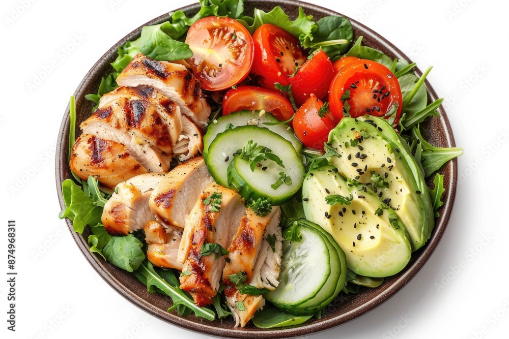 Chicken Salad White Background. Grilled Meat and Fresh Vegetable Lunch for Health and Detox Chicken Salad White Background. Grilled Meat and Fresh Vegetable Lunch for Health and Detox