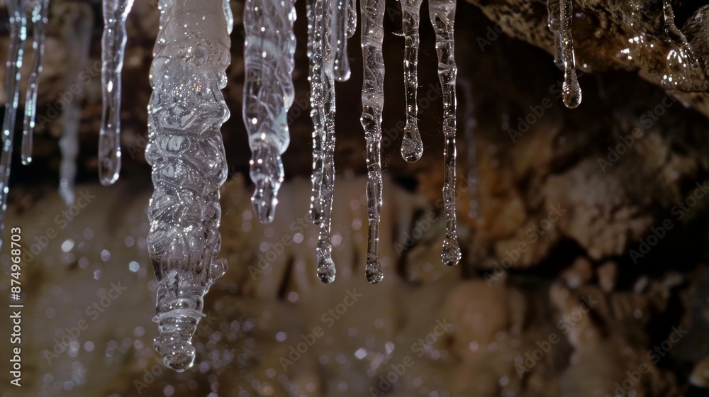 Close-up of a single stalactite with water droplets forming and dripping, creating a sense of timelessness. Close-up of a single stalactite with water droplets forming and dripping, creating a sense of timelessness.