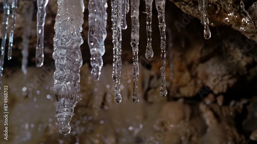 Close-up of a single stalactite with water droplets forming and dripping, creating a sense of timelessness.