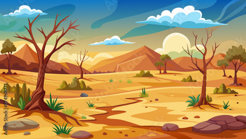 Dryness landscape vector illustration. Concept of global warming and climate change