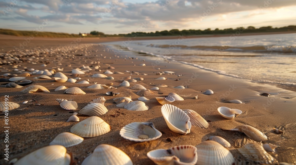 Delicate seashells scattered across the sandy beach at the edge of an estuary, remnants of the marine life.
