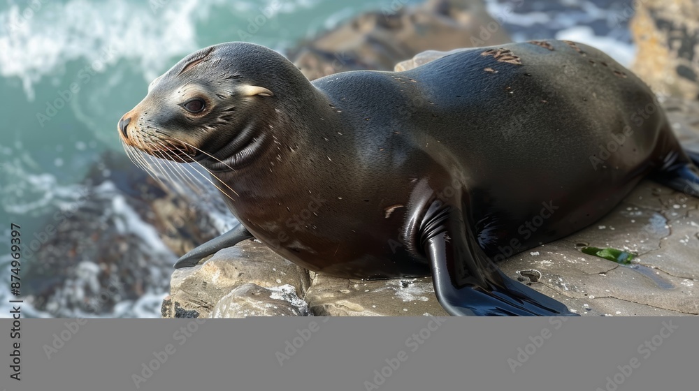 Fototapeta premium A sea lion basking in the sun on a rocky platform on a coastal cliff, with the ocean waves crashing below.