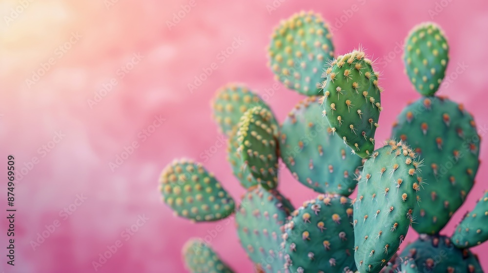 Green Opuntia cactus on pink Color background, Cactus flower in pot,hipster style,cacti,Summer creative concept,fashion style,Space for text. Green Opuntia cactus on pink Color background, Cactus flower in pot,hipster style,cacti,Summer creative concept,fashion style,Space for text.