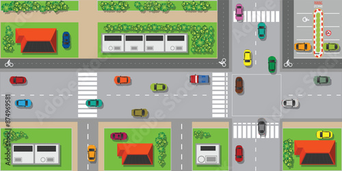 Top view of the city with smart house with roof of solar cell on streets roads and cars.