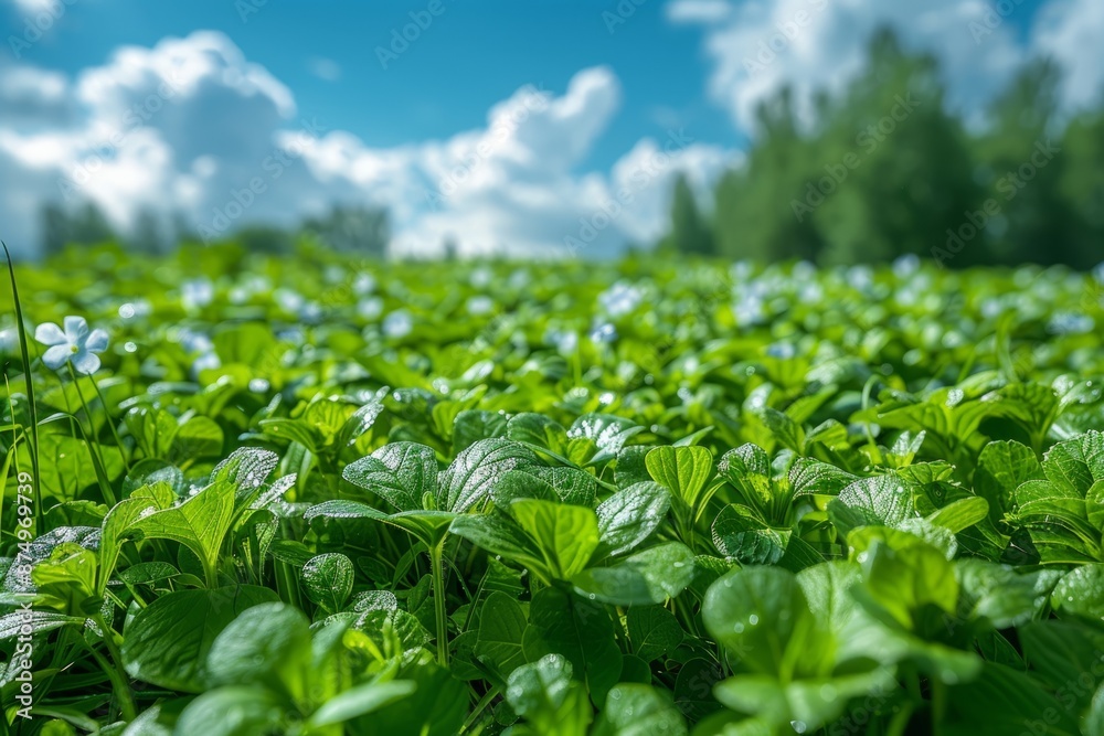 Green Meadow with White Flowers Under a Blue Sky Green Meadow with White Flowers Under a Blue Sky