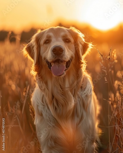 Golden retriever running through a sunlit meadow at dawn, golden hues, low angle, cinematic shot,