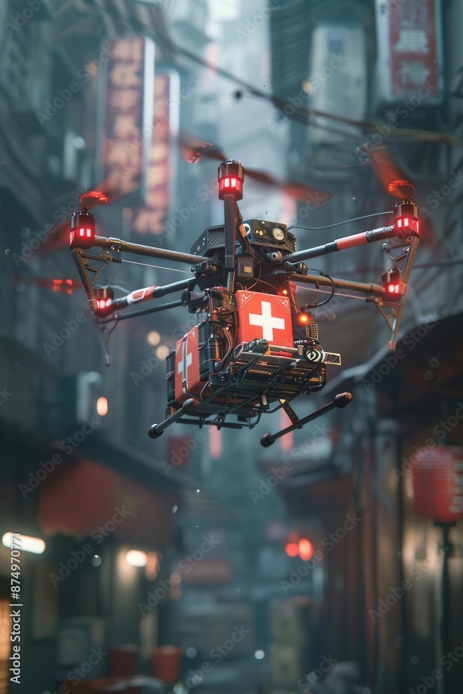 An AI-driven drone delivering medical supplies, Humanitarian, Tech,