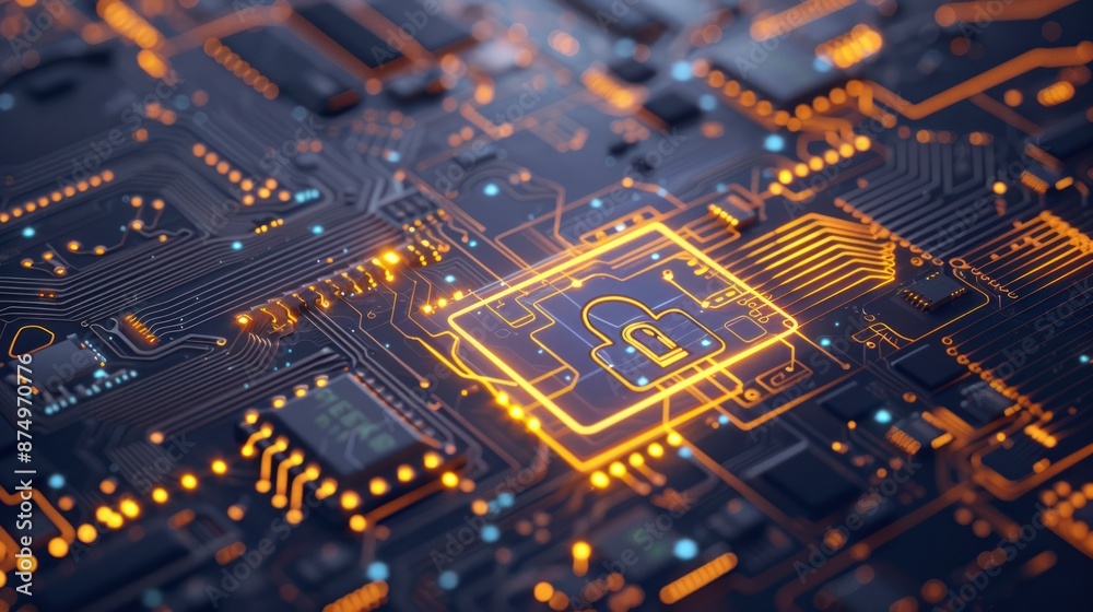 Cybersecurity: A Glowing Lock on a Circuit Board Cybersecurity: A Glowing Lock on a Circuit Board