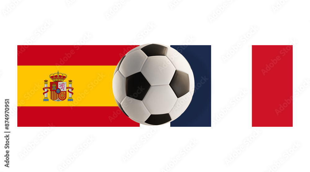 Fototapeta premium white black soccer ball over flags of Spain spanish and France french as versus