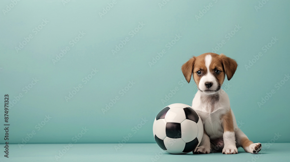 Cute puppy sitting next to a soccer ball, against a light blue background. Cute puppy sitting next to a soccer ball, against a light blue background.