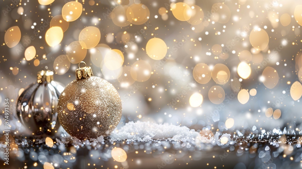 Festive Baubles with Snow and Bokeh: Premium Gold and Silver Christmas Background Festive Baubles with Snow and Bokeh: Premium Gold and Silver Christmas Background