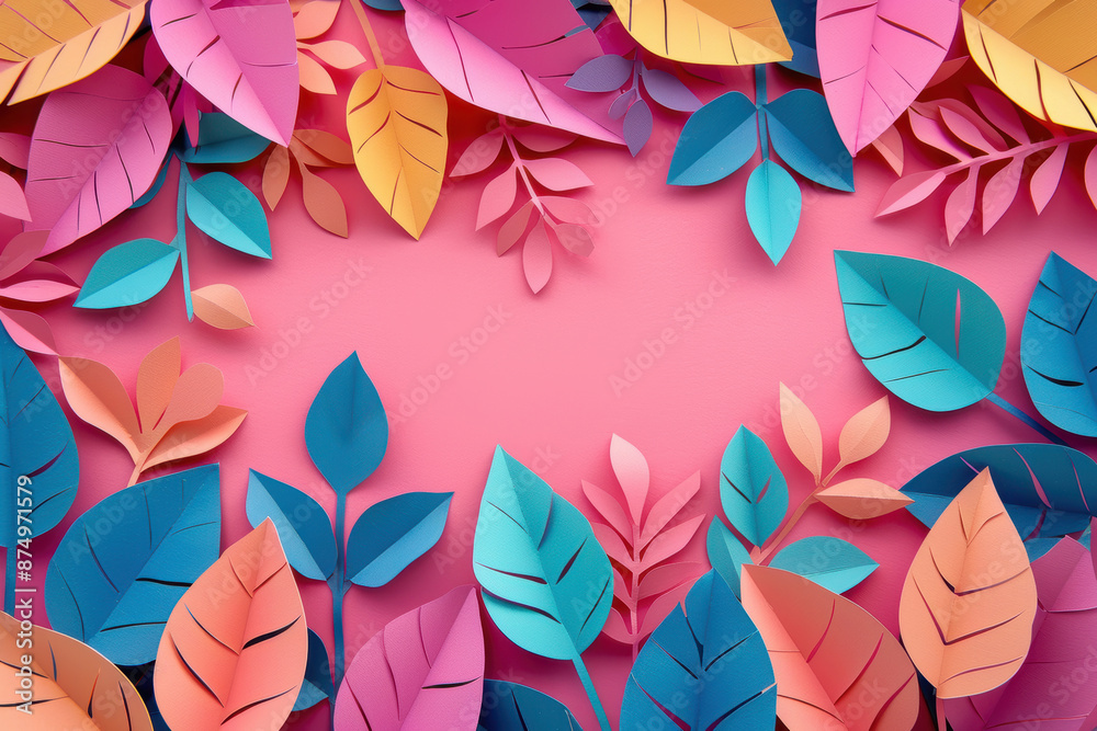 Pink , Blue , Yellow and Orange paper leaves on a pink background Pink , Blue , Yellow and Orange paper leaves on a pink background