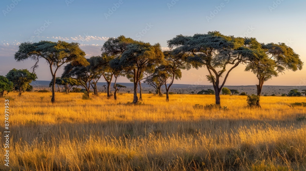 Naklejka premium Golden sunrise over a vast savanna, acacia trees casting long shadows across the golden grasslands.