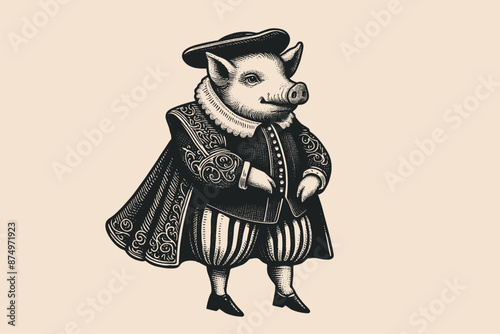 Pig aristocrat in 17th-18th century clothes.   Vintage retro engraving illustration. Black icon, logo, label. isolated element.	