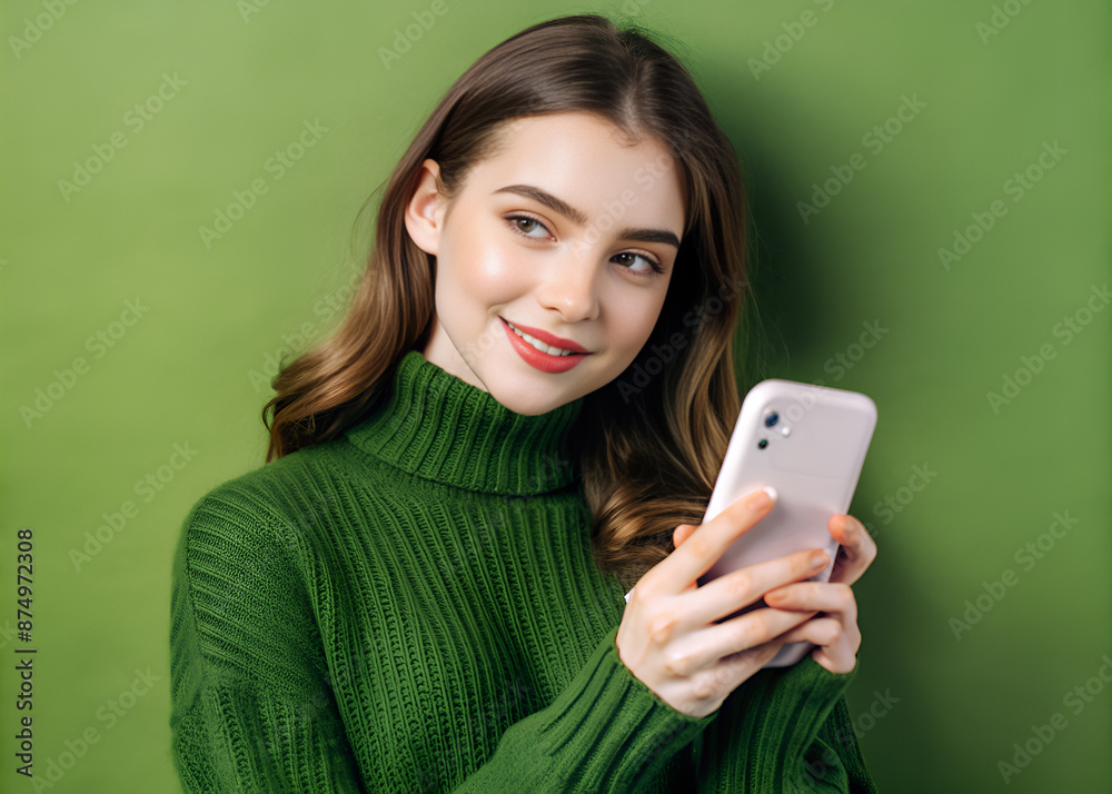 Young Woman Using Smartphone Against Green Background. Young Woman Using Smartphone Against Green Background.