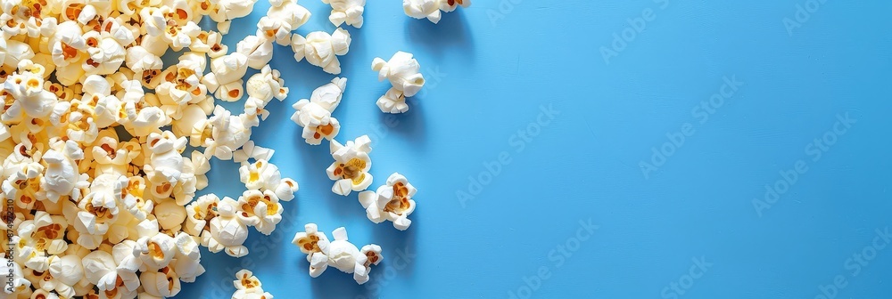 White and yellow popcorn scattered on a blue background White and yellow popcorn scattered on a blue background