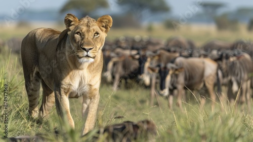 Lioness stalking a herd of wildebeest, planning its next move for a hunt. © atipong