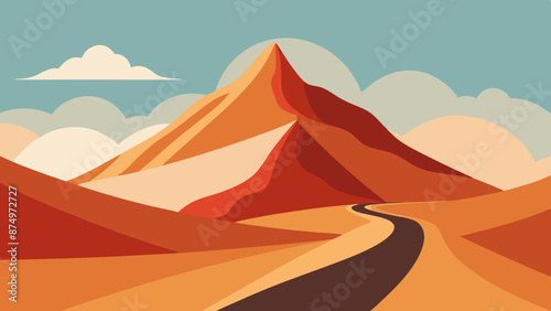 Minimal style design of an abstract landscape with mountains and roads on a warm background. Suitable for prints, interiors, and decoration, banner and poster