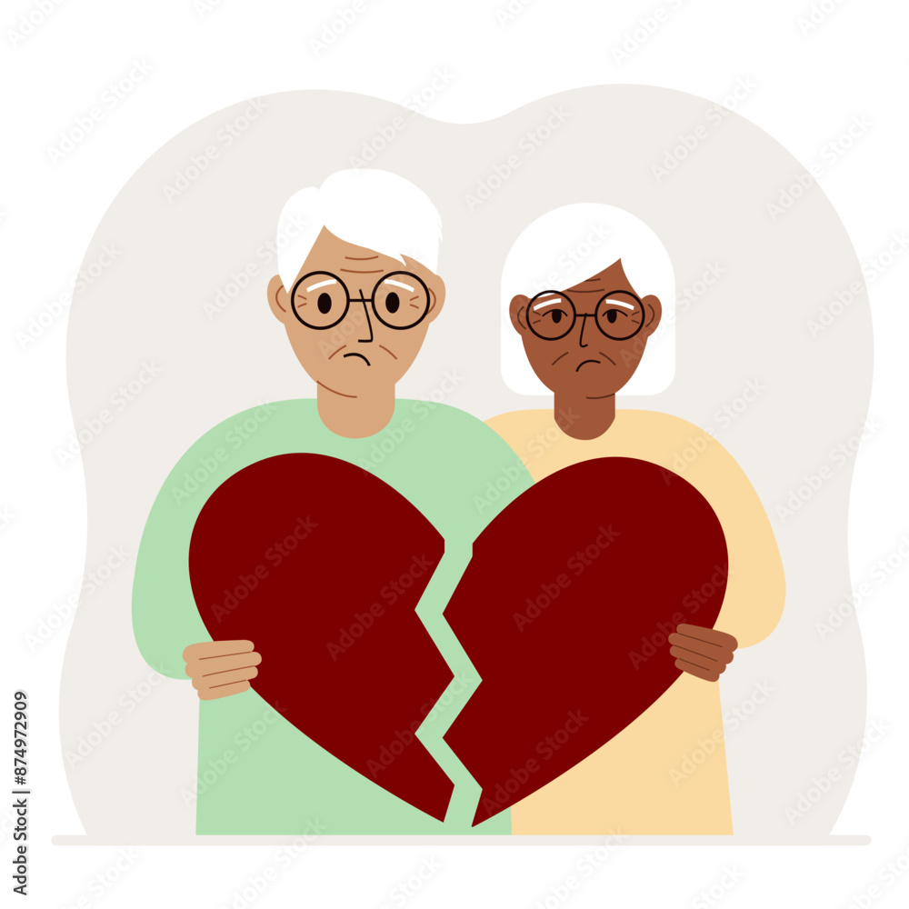 A sad man and woman are holding pieces of a broken red heart in their hands. Vector flat illustration of a broken heart. A sad man and woman are holding pieces of a broken red heart in their hands. Vector flat illustration of a broken heart.