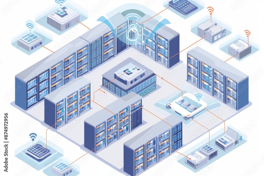 A warehouse filled with shelves of inventory, all tracked and managed by a network of IoT devices. A warehouse filled with shelves of inventory, all tracked and managed by a network of IoT devices.
