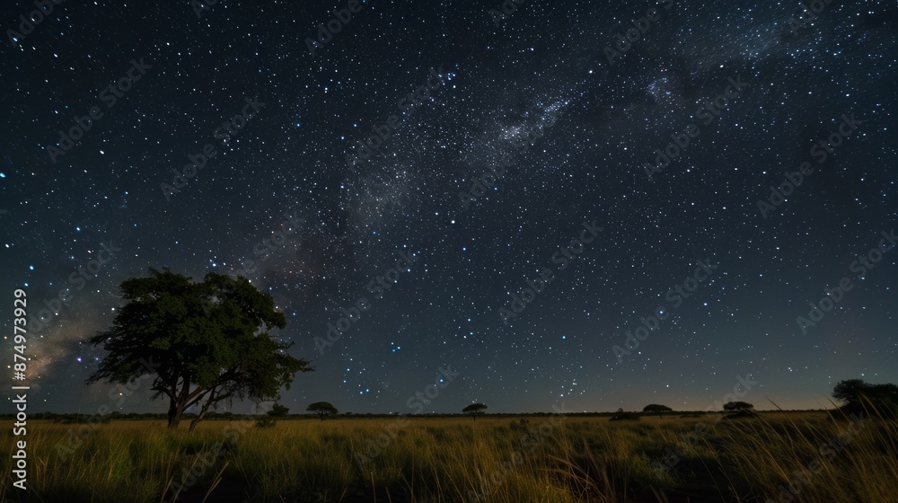 Starry night sky above the savanna, Milky Way galaxy clearly visible due to minimal light pollution. Starry night sky above the savanna, Milky Way galaxy clearly visible due to minimal light pollution.