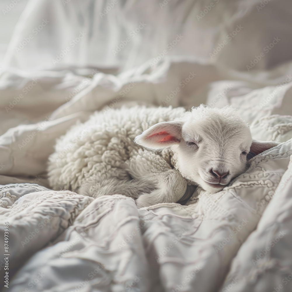 Cute white little lamb sleeping on cozy knit blankets. Comfort rest vibes Cute white little lamb sleeping on cozy knit blankets. Comfort rest vibes