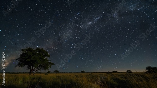 Starry night sky above the savanna, Milky Way galaxy clearly visible due to minimal light pollution. © atipong