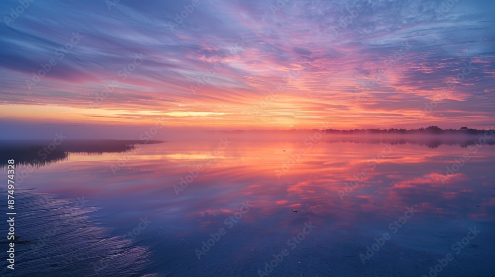Sunrise over a calm estuary, mist rising off the water, vibrant colors painting the sky reflected in the still surface. Sunrise over a calm estuary, mist rising off the water, vibrant colors painting the sky reflected in the still surface.