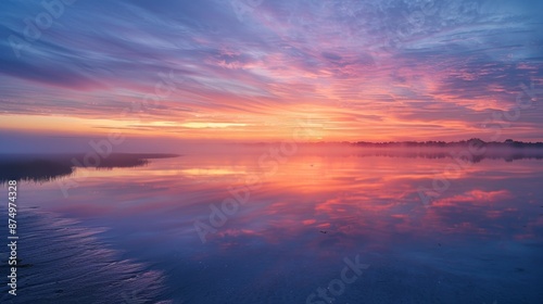 Sunrise over a calm estuary, mist rising off the water, vibrant colors painting the sky reflected in the still surface.