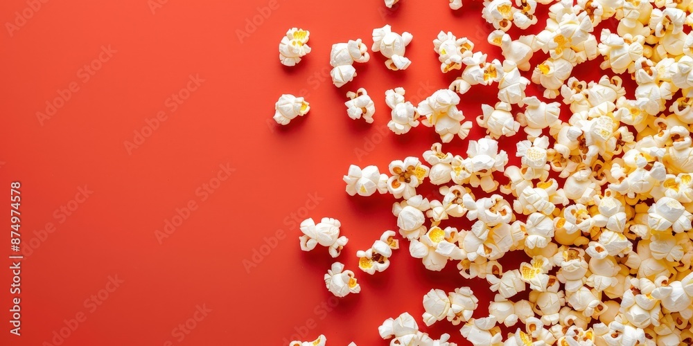 Delicious and fluffy popcorn scattered on a vibrant red background Delicious and fluffy popcorn scattered on a vibrant red background
