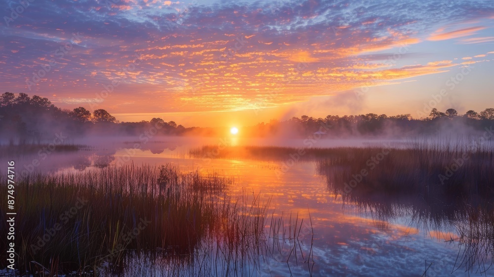 Sunrise over a tranquil marsh, mist rising off the water, vibrant colors painting the sky.