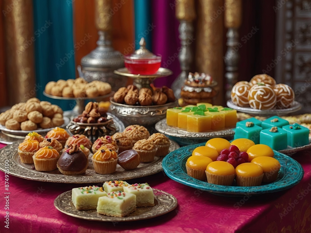 A colorful array of traditional sweets and desserts displayed on a festive table for Eid ul Adha celebrations. A colorful array of traditional sweets and desserts displayed on a festive table for Eid ul Adha celebrations.