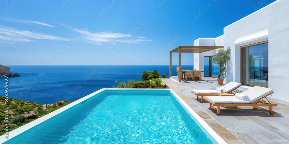 Fototapeta premium Looking out to the Caribbean from a beautiful poolside villa
