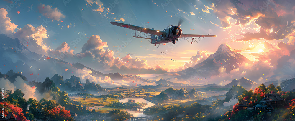 Fototapeta premium biplane soaring over a picturesque mountain village, surrounded by lush green fields and dramatic peaks. The scene captures the tranquility and adventure of early aviation against a stunning natural