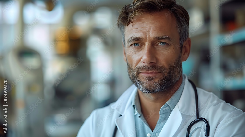 Doctor examining an X-ray in a bright, high-tech clinic, wearing a white lab coat, stethoscope, sleek medical equipment in the background, natural light from large windows, cinematic lighting,