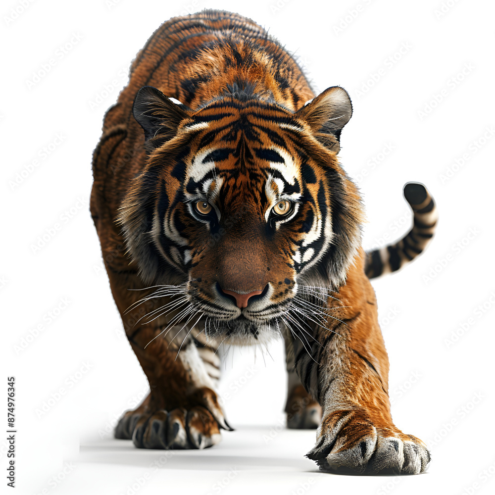 Fototapeta premium A tiger walking gracefully on a white background.