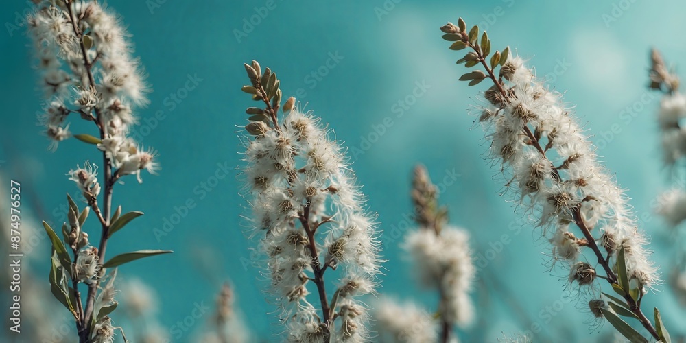 Blooming fluffy willow branches in spring close-up on nature macro with soft focus on turquoise blue background sky Vintage muted tones, copy space, ultra-wide format. Blooming fluffy willow branches in spring close-up on nature macro with soft focus on turquoise blue background sky Vintage muted tones, copy space, ultra-wide format.