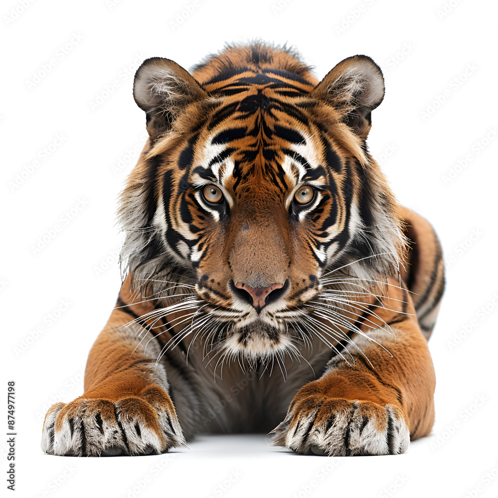 Obraz premium A tiger sitting on a white background.
