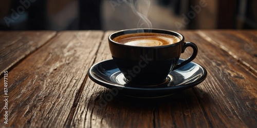 Black coffee on a wooden table in the center of Rome and free space for an advertising product. photo