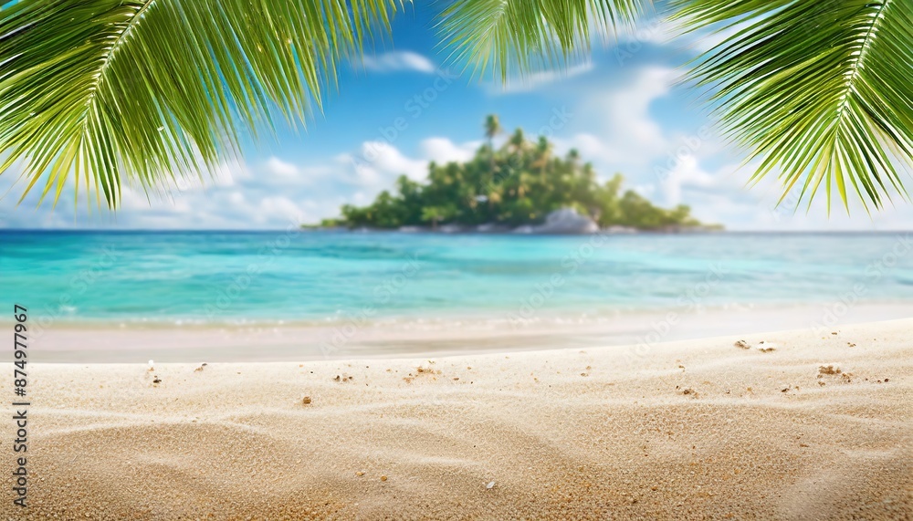 A sandy tropical beach with an island in the background, under a blue sky with scattered clouds. A sandy tropical beach with an island in the background, under a blue sky with scattered clouds.