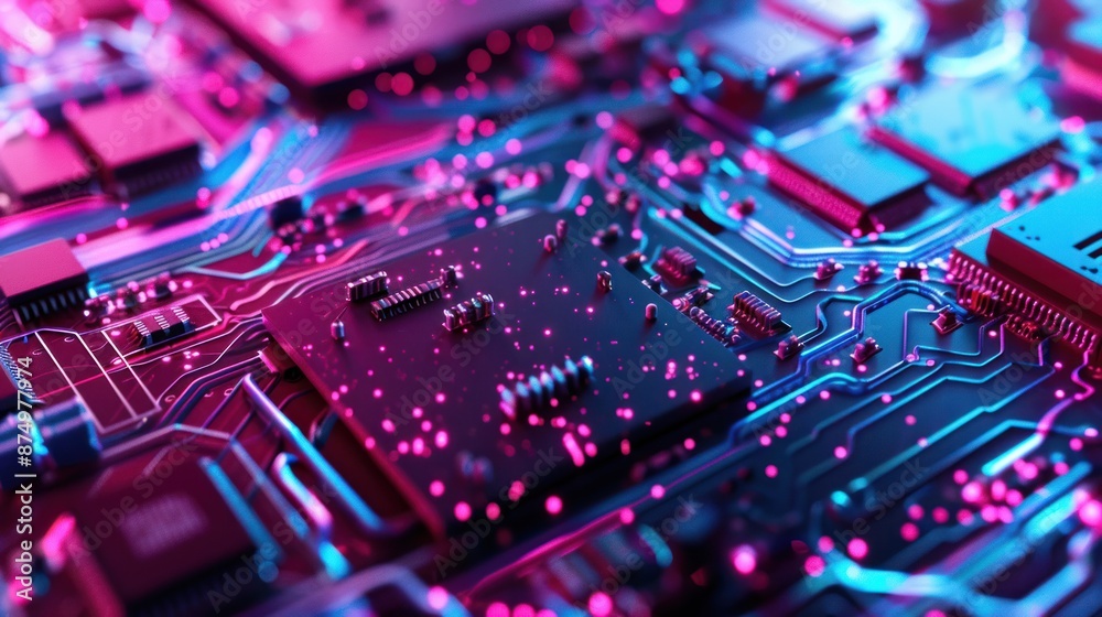 Fototapeta premium Circuit Board with Glowing Pink and Blue Lights