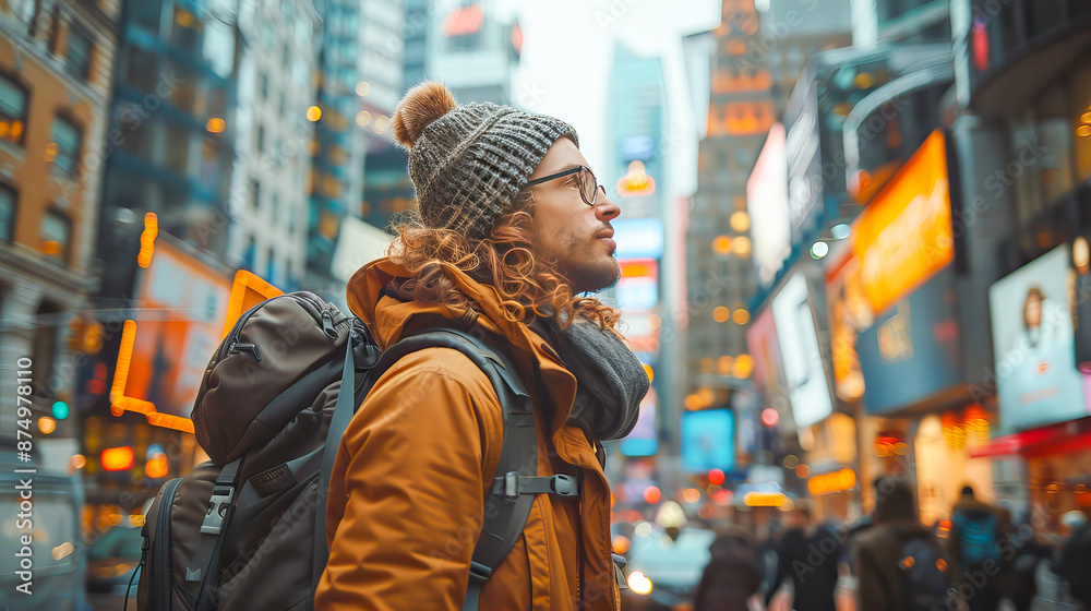 Young man exploring city center with backpack Young man exploring city center with backpack