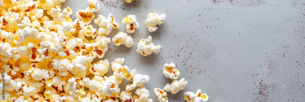 Delicious and crunchy popcorn kernels scattered on a gray surface Delicious and crunchy popcorn kernels scattered on a gray surface